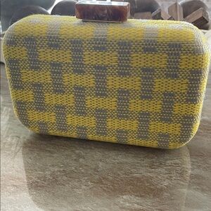 Woven Yellow and Gray Rectangle Clutch with Tortoiseshell Clasp
